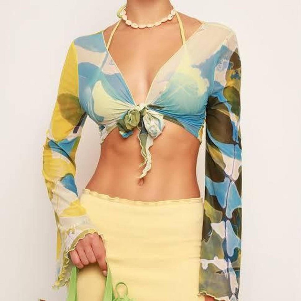 Tiger Mist Jordie Mesh Tie Flare Sleeve Crop Top S Sheer Blue Yellow‎ Floral Y2K